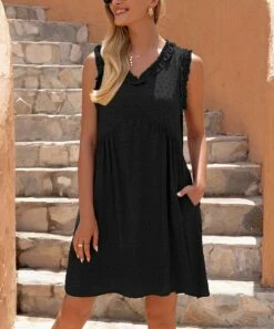 Best Sale 🤩 Romantichut Black Jacquard V-Neck Sleeveless Pocket A-Line 👗 Dress - 👩 Women 🔔 -Romantichut Sales zu105667089 alt 1 tm1652465981