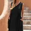 Best Sale 🤩 Romantichut Black Jacquard V-Neck Sleeveless Pocket A-Line 👗 Dress - 👩 Women 🔔 -Romantichut Sales zu105667089 main tm1652465981