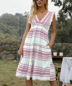 Flash Sale 🤩 Romantichut Pink & White Stripe V-Neck Sleeveless Pocket A-Line 👗 Dress - 👩 Women ⭐