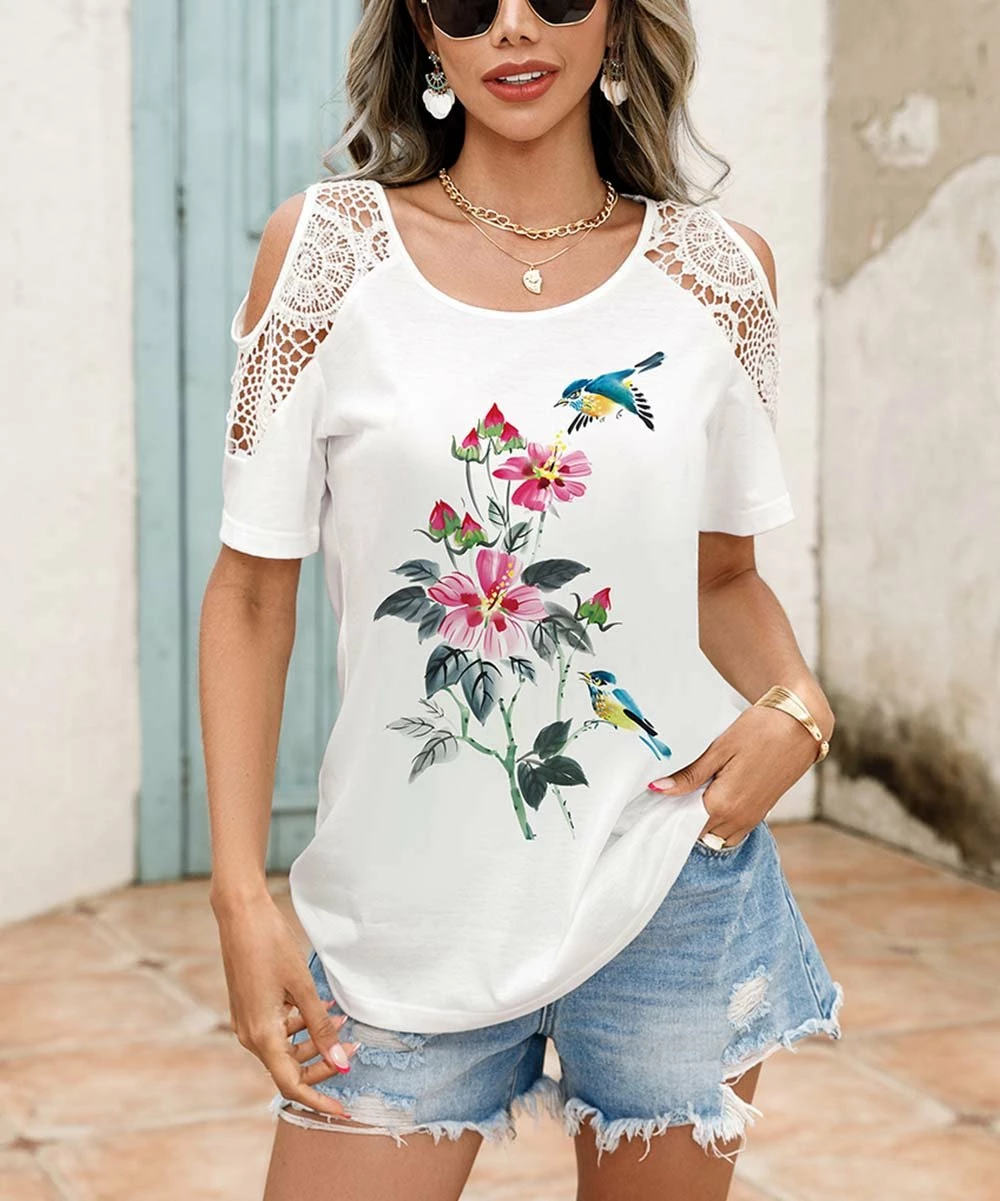 Top 10 🌟 Romantichut White & Pink Flower & Bird Lace Cutout-Shoulder Top - 👩 Women ✨ 5 Top 10 🌟 Romantichut White & Pink Flower & Bird Lace Cutout-Shoulder Top - 👩 Women ✨ - Image 3