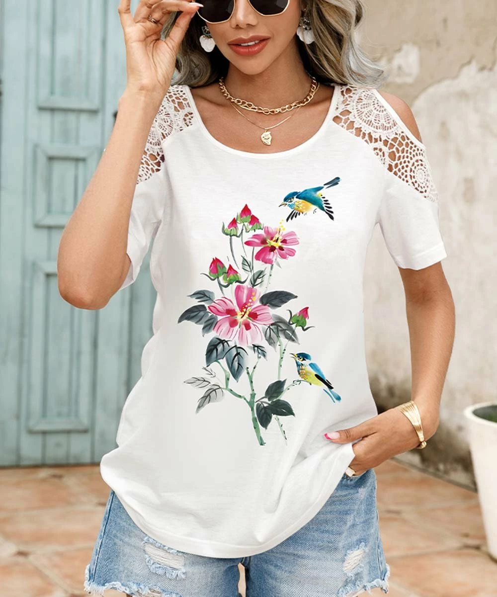 Top 10 🌟 Romantichut White & Pink Flower & Bird Lace Cutout-Shoulder Top - 👩 Women ✨ 6 Top 10 🌟 Romantichut White & Pink Flower & Bird Lace Cutout-Shoulder Top - 👩 Women ✨ - Image 4