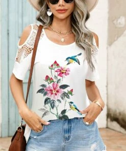 Top 10 🌟 Romantichut White & Pink Flower & Bird Lace Cutout-Shoulder Top - 👩 Women ✨