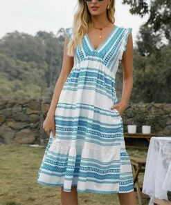 Outlet ⭐ Romantichut Blue & White Stripe V-Neck Sleeveless Pocket A-Line 👗 Dress - 👩 Women ✔️ -Romantichut Sales zu105677696 alt 2 tm1652444945