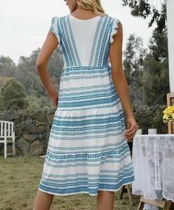 Outlet ⭐ Romantichut Blue & White Stripe V-Neck Sleeveless Pocket A-Line 👗 Dress - 👩 Women ✔️ -Romantichut Sales zu105677696 alt 3 tm1652444945