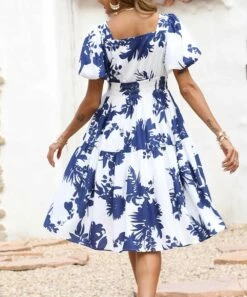 Cheapest 🔥 Romantichut White & Blue Floral Puff-Sleeve Ruched-Waist Sweetheart 👗 Dress - 👩 Women 😍 -Romantichut Sales zu105702556 alt 2 tm1652302238