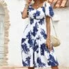 Cheapest 🔥 Romantichut White & Blue Floral Puff-Sleeve Ruched-Waist Sweetheart 👗 Dress - 👩 Women 😍 -Romantichut Sales zu105702556 main tm1652302238