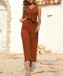 Cheapest ๐ Romantichut Brick Red Tie-Front V-Neck Cropped Jumpsuit - ๐ฉ Women โ