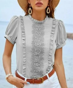 Coupon 🎁 Romantichut Gray Lace Ruffle-Accent Puff-Sleeve Top - 👩 Women ⭐