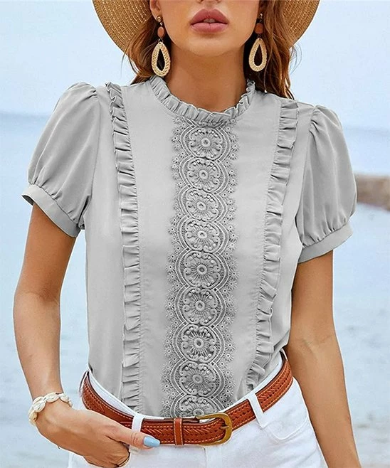 Coupon ๐ Romantichut Gray Lace Ruffle-Accent Puff-Sleeve Top - ๐ฉ Women โญ 3 Coupon ๐ Romantichut Gray Lace Ruffle-Accent Puff-Sleeve Top - ๐ฉ Women โญ
