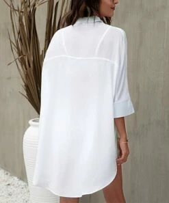 Discount 😀 Romantichut White Hi-Low Three Quarter-Sleeve Button-Up - 👩 Women 😍 -Romantichut Sales zu105781480 alt 3 tm1652705979