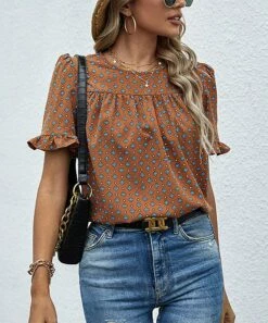 Coupon ✔️ Romantichut Brown & Blue Geometric Ruffle-Sleeve Top - 👩 Women ⌛