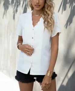 Buy 💯 Romantichut White Scallop-Trim V-Neck Short-Sleeve Top - 👩 Women ⌛ -Romantichut Sales zu105922513 alt 1 tm1652878791