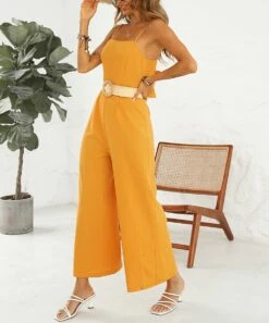 Best Pirce 😉 Romantichut Yellow Belted Palazzo Jumpsuit - 👩 Women 🧨 -Romantichut Sales zu105922659 alt 1 tm1652903773