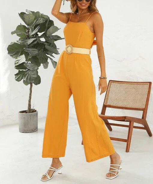 Best Pirce 😉 Romantichut Yellow Belted Palazzo Jumpsuit - 👩 Women 🧨 -Romantichut Sales zu105922659 main tm1652903773