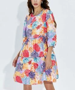 Cheapest ๐คฉ Romantichut Purple & Yellow Abstract Floral Tiered A-Line ๐ Dress - ๐ฉ Women โค๏ธ
