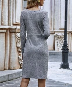 Deals 😉 Romantichut Gray Ribbed Twist-Front Button-Up V-Neck 👗 Dress - 👩 Women 🤩 -Romantichut Sales zu105952086 alt 3 tm1653592183