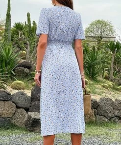 Hot Sale 👍 Romantichut Blue & White Floral Button-Up V-Neck Maxi 👗 Dress - 👩 Women 🛒 -Romantichut Sales zu106219163 alt 4 tm1654553308