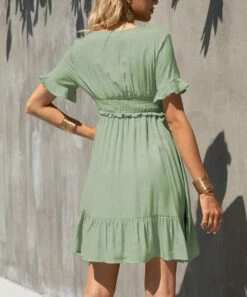 Wholesale ✔️ Romantichut Green Ruffle-Hem Shirred-Waist Surplice 👗 Dress - 👩 Women ⌛ -Romantichut Sales zu106390780 alt 3 tm1654622849