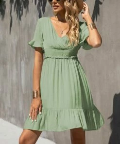 Wholesale โ๏ธ Romantichut Green Ruffle-Hem Shirred-Waist Surplice ๐ Dress - ๐ฉ Women โ