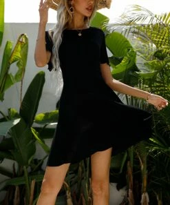 New ๐ Romantichut Black Short-Sleeve A-Line ๐ Dress - ๐ฉ Women โค๏ธ