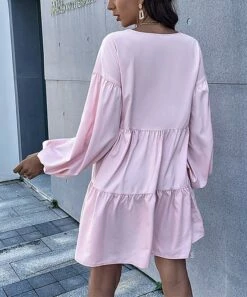 Top 10 😀 Romantichut Pink Tiered Bishop-Sleeve A-Line 👗 Dress - 👩 Women ⌛ -Romantichut Sales zu106397302 alt 3 tm1654626961