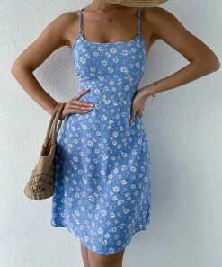 Flash Sale ⭐ Romantichut Blue Floral Crisscross-Back Sleeveless 👗 Dress - 👩 Women ❤️ -Romantichut Sales zu106397317 alt 1 tm1654723501