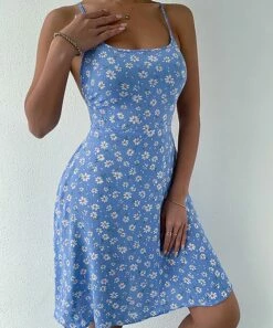 Flash Sale ⭐ Romantichut Blue Floral Crisscross-Back Sleeveless 👗 Dress - 👩 Women ❤️ -Romantichut Sales zu106397317 alt 2 tm1654723501