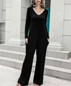 Brand new ✨ Romantichut Black Long-Sleeve V-Neck Jumpsuit - 👩 Women 🌟 -Romantichut Sales zu106427476 alt 2 tm1654622225