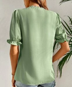 Discount ✔️ Romantichut Green Button-Front Puff-Sleeve Top - 👩 Women 🔥 -Romantichut Sales zu106530967 alt 3 tm1654808947