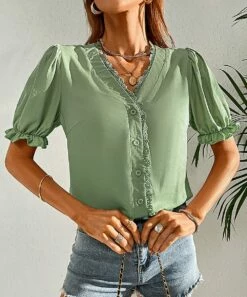 Discount ✔️ Romantichut Green Button-Front Puff-Sleeve Top - 👩 Women 🔥