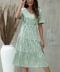 Best deal 👏 Romantichut Green & White Gingham Tiered V-Neck 👗 Dress - 👩 Women 🥰 -Romantichut Sales zu106629405 alt 2 tm1655381958