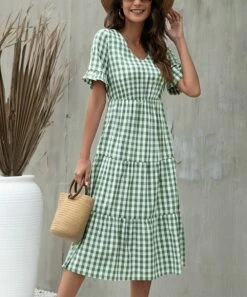 Best deal 👏 Romantichut Green & White Gingham Tiered V-Neck 👗 Dress - 👩 Women 🥰 -Romantichut Sales zu106629405 alt 3 tm1655381958