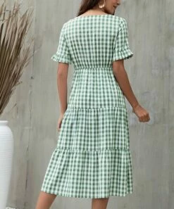 Best deal 👏 Romantichut Green & White Gingham Tiered V-Neck 👗 Dress - 👩 Women 🥰 -Romantichut Sales zu106629405 alt 4 tm1655381958