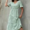 Best deal 👏 Romantichut Green & White Gingham Tiered V-Neck 👗 Dress - 👩 Women 🥰