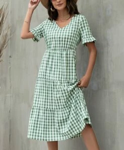 Best deal 👏 Romantichut Green & White Gingham Tiered V-Neck 👗 Dress - 👩 Women 🥰