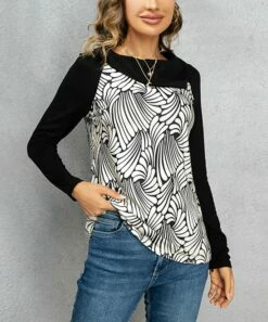 Best Pirce 🧨 Romantichut Black & White Abstract Shawl Collar Top - 👩 Women ❤️