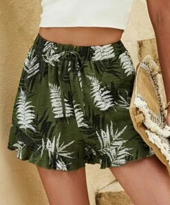 Top 10 ✔️ Romantichut Green & White Leaf Drawstring Shorts - 👩 Women 👍