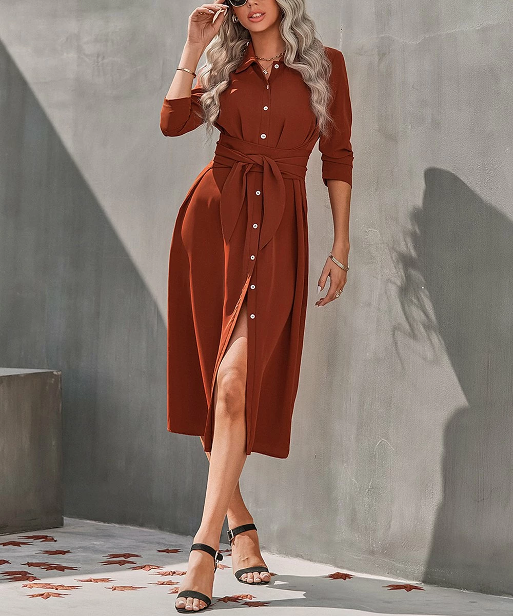 Best Sale 😉 Romantichut Wine Red Tie-Waist Button-Up 👚 Shirt 👗 Dress - 👩 Women 🔥 4 Best Sale 😉 Romantichut Wine Red Tie-Waist Button-Up 👚 Shirt 👗 Dress - 👩 Women 🔥 - Image 2