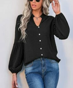 Top 10 🤩 Romantichut Black Swiss Dot V-Neck Button-Up Top - 👩 Women ❤️ -Romantichut Sales zu107360779 alt 1 tm1658417472