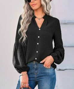 Top 10 🤩 Romantichut Black Swiss Dot V-Neck Button-Up Top - 👩 Women ❤️ -Romantichut Sales zu107360779 alt 2 tm1658417472