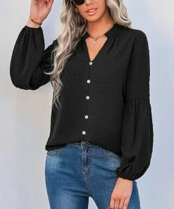 Top 10 🤩 Romantichut Black Swiss Dot V-Neck Button-Up Top - 👩 Women ❤️ -Romantichut Sales zu107360779 alt 5 tm1658417472