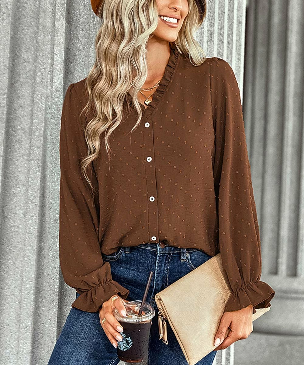Hot Sale ❤️ Romantichut Brown Swiss Dot Ruffle Button-Front Top - 👩 Women 👍 4 Hot Sale ❤️ Romantichut Brown Swiss Dot Ruffle Button-Front Top - 👩 Women 👍 - Image 2