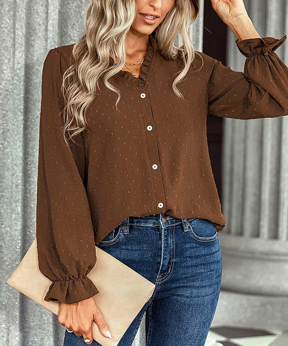 Hot Sale ❤️ Romantichut Brown Swiss Dot Ruffle Button-Front Top - 👩 Women 👍 5 Hot Sale ❤️ Romantichut Brown Swiss Dot Ruffle Button-Front Top - 👩 Women 👍 - Image 3