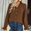 Hot Sale ❤️ Romantichut Brown Swiss Dot Ruffle Button-Front Top - 👩 Women 👍 -Romantichut Sales zu107361147 main tm1658776260