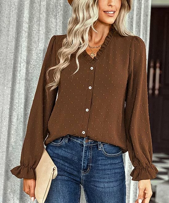 Hot Sale ❤️ Romantichut Brown Swiss Dot Ruffle Button-Front Top - 👩 Women 👍 3 Hot Sale ❤️ Romantichut Brown Swiss Dot Ruffle Button-Front Top - 👩 Women 👍