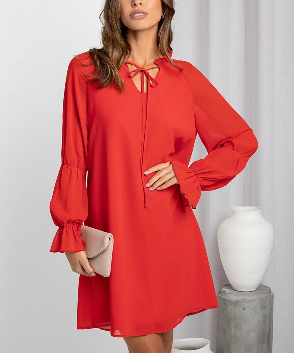 Coupon ๐ฏ Romantichut Red Poet-Sleeve Self-Tie Notch Neck ๐ Dress - ๐ฉ Women ๐ 5 Coupon ๐ฏ Romantichut Red Poet-Sleeve Self-Tie Notch Neck ๐ Dress - ๐ฉ Women ๐ - Image 3