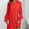 Coupon 💯 Romantichut Red Poet-Sleeve Self-Tie Notch Neck 👗 Dress - 👩 Women 🎉 -Romantichut Sales zu107364002 main tm1658875744