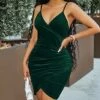 Best Pirce ✔️ Romantichut Emerald Green Ruched-Side Sleeveless Surplice Bodycon 👗 Dress - 👩 Women 😍 -Romantichut Sales zu107365482 main tm1657803102