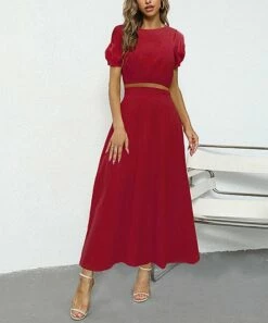 Best Sale ⭐ Romantichut Red Solid Short-Sleeve Top & Maxi 👗 Skirt - 👩 Women 👏