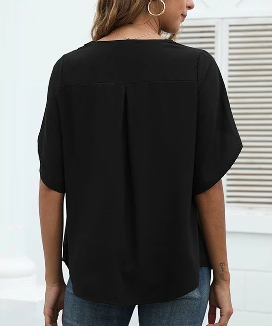 Best Pirce 🎁 Romantichut Black Tulip-Sleeve V-Neck Top - 👩 Women 🎉 4 Best Pirce 🎁 Romantichut Black Tulip-Sleeve V-Neck Top - 👩 Women 🎉 - Image 2
